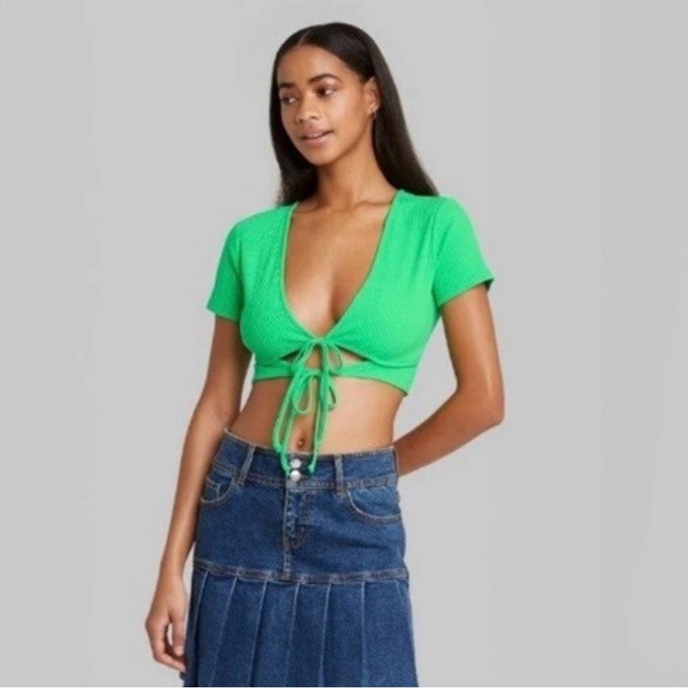wild fable Ribbed Tie-Front Crop Top in Bright Green